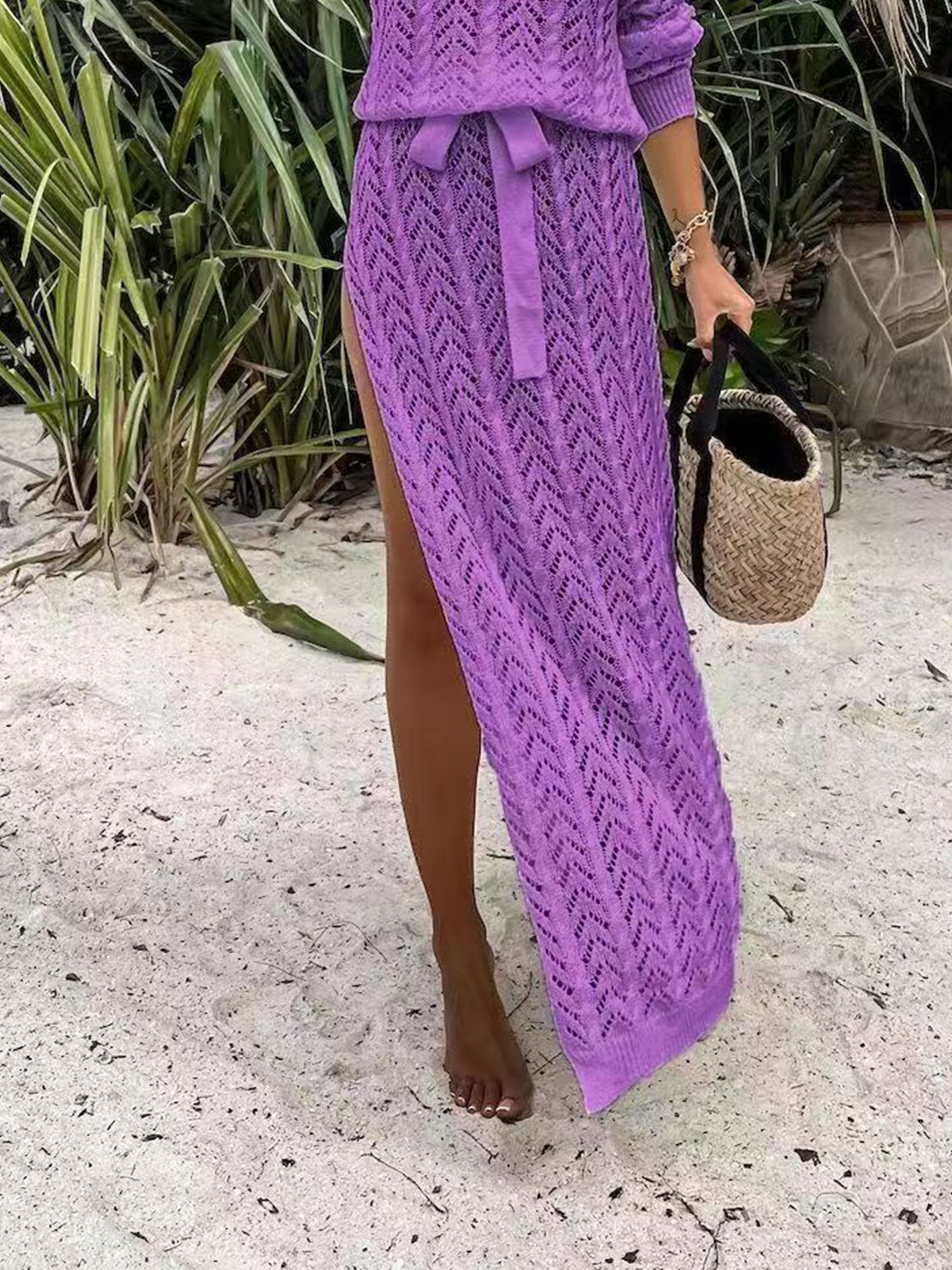 Slit Openwork Single Shoulder Knit Dress - store name